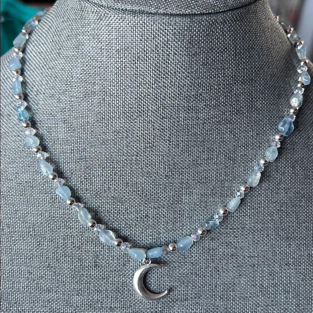 Handmade Aquamarine + Silver tone Crescent Moon Necklace